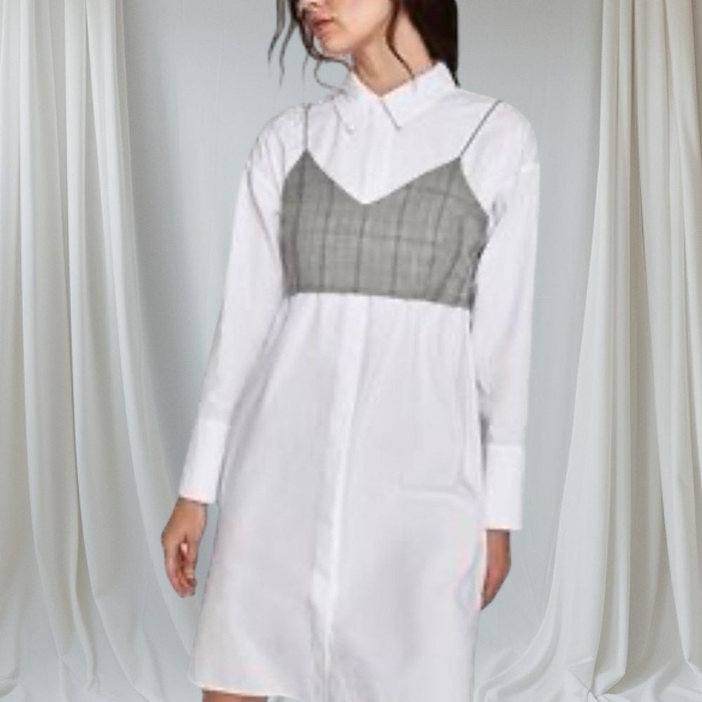 Zara Basic Button Down Shirt Dress With Gray Plai… - image 2